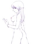  ass breasts copyright_request long_hair mashue medium_breasts monochrome nipples nude pointy_ears solo spot_color 