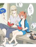  1boy 1girl ahoge blonde_hair blue_shorts chewing cup fate/grand_order fate_(series) fingernails food fou_(fate) fruit fujimaru_ritsuka_(female) grey_pants grey_shirt hair_ornament hair_scrunchie hand_fan hand_fan_writing holding holding_fan holding_shaker honey-cat looking_at_another midriff musical_note navel one_side_up open_mouth outdoors pants plate salt salt_shaker sandals scrunchie shirt shorts sitting speech_bubble tezcatlipoca_(fate) tinted_eyewear toenails twitter_username watermelon 