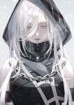  1girl absurdres black_lips cold grey_background hair_between_eyes highres hood hoodie light_smile long_hair no_pupils nose_piercing nox_(path_to_nowhere) outdoors parted_lips path_to_nowhere piercing sidelocks simple_background snow solo toho10min upper_body white_eyes white_hair 