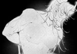  1boy arknights arms_behind_back black_background bound bound_arms chong_yue_(arknights) collar completely_nude dragon_boy dragon_horns earrings greyscale highres horns jewelry kh102871194427h long_hair looking_at_viewer male_focus monochrome nipples nude parted_lips pointy_ears simple_background solo toned toned_male upper_body 