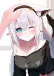  1girl ahoge all_fours animal_ear_fluff animal_ears black_shirt blurry blurry_background blush braid breasts collarbone commentary_request earrings ears_down fox_ears fox_girl fox_tail green_eyes hair_between_eyes hand_on_another&#039;s_head heart hololive jewelry katouomochi long_hair looking_at_viewer medium_breasts one_eye_closed pov pov_hands shirakami_fubuki shirakami_fubuki_(loungewear) shirt sidelocks single_braid smile tail virtual_youtuber white_hair 