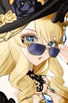  1girl bare_shoulders black_hat blonde_hair blue_eyes blue_nails commentary drill_hair drill_sidelocks genshin_impact hat highres jewelry kaede_(kristallfantasie) long_hair looking_at_viewer nail_polish navia_(genshin_impact) necklace parted_lips portrait sidelocks solo sunglasses 