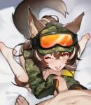  1girl absurdres after_fellatio animal_ears armband blush breasts brown_hair callisto_(greyeth) camouflage camouflage_jacket commission cum cum_in_mouth digital_camouflage facial fox_ears fox_tail highres jacket multicolored_hair ninai original penis second-party_source streaked_hair tail tongue tongue_out variant_set yellow_armband 
