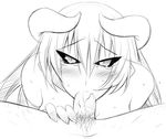  astaroth_(shinrabanshou) black_sclera blush demon_girl fellatio greyscale horns long_hair looking_at_viewer monochrome oral penis pov shinrabanshou solo_focus sweat tears utamaro 