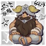  1boy beard deformed dungeon_meshi dwarf facial_hair fake_horns full_body helmet horned_helmet horns long_beard looking_ahead lowres male_focus muscular muscular_male mustache rakisuke senshi_(dungeon_meshi) sitting solo thick_mustache translation_request very_long_beard 