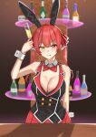  1girl :p animal_ears bartender blush bottle bow bowtie breasts bunny_garden cleavage cup fake_animal_ears hand_up highres holding holding_cup hololive houshou_marine kurikato large_breasts long_hair looking_at_viewer nontraditional_playboy_bunny rabbit_ears red_bow red_bowtie red_eyes red_hair red_skirt skirt solo standing tongue tongue_out virtual_youtuber white_wrist_cuffs wrist_cuffs yellow_eyes 