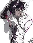  1boy arm_belt belt blood blood_on_hands buttons cable chain closed_mouth collarbone cowboy_shot danganronpa_(series) danganronpa_v3:_killing_harmony double-breasted drop_shadow fingernails hair_dryer holding holding_hair_dryer jacket long_sleeves looking_at_viewer male_focus multicolored_buttons no_scarf oma_kokichi pink_nails purple_eyes purple_z short_hair simple_background smile solo suou_(sdurorhr) white_background white_belt white_jacket white_sleeves 