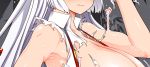  1girl arm_up armpits bare_arms bare_shoulders breasts commentary_request fujiwara_no_mokou head_out_of_frame huge_breasts long_hair portrait roki_(hirokix) shiny shiny_skin shirt solo suspenders sweat torn_clothes torn_shirt touhou translation_request white_shirt wing_collar 