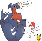 2024 ambiguous_gender anthro anthro_focus arm_fins baseball_cap belly big_breasts biped black_sclera bodily_fluids breasts claws clothing curvy_figure english_text eye_contact featureless_breasts female female_focus fin garchomp generation_1_pokemon generation_4_pokemon group hat headgear headwear hi_res huge_hips huge_thighs human itz_not_v larger_anthro larger_female looking_at_another looking_down_at_another looking_up_at_another mammal nintendo open_mouth open_smile pikachu pokemon pokemon_(species) pokemon_trainer scalie sharp_teeth size_difference slightly_chubby slightly_chubby_anthro slightly_chubby_female smaller_human smile solo_focus speech_bubble spikes spikes_(anatomy) standing sweat sweatdrop tail teeth text thick_thighs thought_bubble trio voluptuous wide_hips yellow_eyes