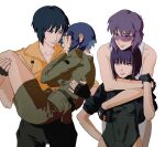  4girls aizheajsee blue_hair carrying casual covering_face cropped_jacket embarrassed fingerless_gloves ghost_in_the_shell ghost_in_the_shell:_sac_2045 ghost_in_the_shell_arise ghost_in_the_shell_stand_alone_complex gloves highres hug hug_from_behind in-franchise_crossover kusanagi_motoko leotard military_uniform multiple_girls multiple_persona princess_carry purple_hair simple_background sunglasses uniform 