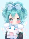  1girl :o alternate_hairstyle animal aqua_eyes aqua_hair bangs blue_background blue_bow blue_eyes blush blush_stickers bow cinnamiku cinnamoroll crossover cup detached_sleeves ear_bow h0l83 hair_bow hatsune_miku highres holding holding_animal holding_cup looking_at_viewer sanrio simple_background sparkle sparkling_eyes tied_ears updo upper_body vocaloid 