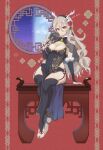  1girl absurdres alternate_costume bangs barefoot black_dress black_gloves black_hairband black_thighhighs breasts bridal_gauntlets brooch china_dress chinese_clothes cleavage_cutout closed_mouth clothing_cutout commentary_request corrin_(fire_emblem) corrin_(fire_emblem)_(female) dress elbow_gloves fingernails fire_emblem fire_emblem_fates flower gloves grey_hair hair_between_eyes hair_flower hair_ornament hairband highres horn_ornament horns jewelry karashino large_breasts lips long_hair looking_at_viewer pelvic_curtain pink_lips purple_nails red_eyes red_flower red_rose rose see-through sitting sleeveless sleeveless_dress smile solo tassel thighhighs thighs 