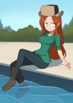  1girl bangs barleyshake boots breasts commission earrings english_commentary freckles full_body fur_hat gravity_falls hat highres jewelry long_hair looking_at_viewer medium_breasts red_hair shirt smile solo wendy_corduroy 