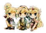  1boy 2girls artist_name back belt blonde_hair blue_eyes blush dress floating_hair gloves green_headwear hair_bun jewelry link long_hair looking_at_viewer multicolored_hair multiple_girls necklace pink_dress princess_zelda tetra the_legend_of_zelda the_legend_of_zelda:_the_wind_waker tiara tokuura toon_link toon_zelda 