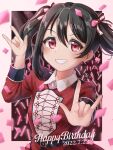  1girl absurdres bangs birthday black_hair blush breasts commentary confetti dated english_text glowstick grin hair_ribbon happy_birthday highres kyaku_tatsu long_hair looking_at_viewer love_live! love_live!_school_idol_project nico_nico_nii red_eyes ribbon shiny sidelocks signature small_breasts smile solo twintails upper_body yazawa_nico 