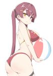  1girl absurdres ass ball bangs beachball bikini blush breasts closed_mouth commentary from_behind half-closed_eyes highres hololive houshou_marine komasi large_breasts long_hair looking_at_viewer red_bikini red_eyes sidelocks simple_background smile solo standing swimsuit thigh_strap twintails very_long_hair virtual_youtuber white_background yellow_eyes 