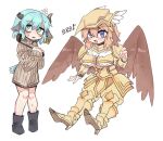  2girls :d animal_ears armor armored_boots bangs bird_wings black_footwear black_souls blue_eyes boots breasts broken_horn brown_horns brown_wings cleavage_cutout clothing_cutout cow_ears cow_horns dress ear_tag faulds feathered_wings flat_chest flying_sweatdrops full_body furrowed_brow green_eyes griffy_(black_souls) hair_between_eyes hand_up hands_up helmet high_heels holding holding_ladle horns korean_text ladle light_blue_hair long_sleeves medium_breasts mock_turtle_(black_souls) multiple_girls musical_note nyong_nyong open_mouth orange_hair pauldrons ribbed_dress short_hair shoulder_armor simple_background smile sweater sweater_dress turtleneck underboob underboob_cutout v-shaped_eyebrows white_background winged_helmet wings yellow_armor yellow_headwear 