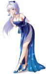  1girl :d anklet arm_behind_back bangs bare_shoulders blue_bow blue_eyes blue_footwear blue_gemstone blue_hair blue_nails blue_theme blunt_bangs blush bow breasts cleavage commentary dealesis dress english_commentary eyelashes floating_hair formal full_body gem genshin_impact gown grey_hair hair_bow hair_ornament hair_ribbon hairband hand_up high_heels highres jewelry kamisato_ayaka leaning_forward long_dress long_hair looking_at_viewer mole mole_under_eye neck_ring neck_tassel necklace off-shoulder_dress off_shoulder open_mouth ponytail ribbon side_slit sidelocks simple_background smile snowflake_print solo spaghetti_strap standing tassel tress_ribbon white_background 