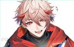  1boy blonde_hair blush ear_piercing earrings hood hood_down hoodie jewelry kanishiima looking_at_viewer male_focus multicolored_hair nijisanji open_mouth piercing red_eyes red_hair seraph_dazzlegarden solo white_background 