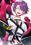  1boy choker ear_piercing facing_viewer gloves jacket long_sleeves looking_to_the_side male_focus multicolored_hair nijisanji one_eye_closed piercing pink_hair purple_hair shinozaki_kyouko short_hair solo watarai_hibari white_background yellow_eyes 