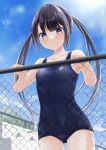  1girl absurdres black_hair blue_sky blue_swimsuit breasts buntason_(buritarooooo) chain-link_fence cloud collarbone commentary_request cowboy_shot day fence highres long_hair looking_at_viewer old_school_swimsuit original outdoors purple_eyes school_swimsuit school_uniform sky small_breasts solo swimsuit twintails 