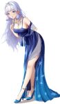  1girl :d anklet arm_behind_back bangs bare_shoulders blue_eyes blue_footwear blue_gemstone blue_hair blue_nails blue_theme blunt_bangs blush breasts cleavage commentary dealesis dress english_commentary eyelashes formal full_body gem genshin_impact gown grey_hair hair_down hair_ornament hair_ribbon hairband hand_up high_heels highres jewelry kamisato_ayaka leaning_forward long_dress long_hair looking_at_viewer mole mole_under_eye neck_ring neck_tassel necklace off-shoulder_dress off_shoulder open_mouth ribbon side_slit sidelocks simple_background smile snowflake_print solo spaghetti_strap standing tassel tress_ribbon white_background 