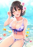  1girl arm_support bangs bead_bracelet beads bikini black_hair blush bow bracelet breasts check_commentary collarbone commentary_request day dot_nose floral_print flower flower_on_liquid frilled_bikini frills front-tie_top hair_flower hair_ornament hand_up highres idolmaster idolmaster_cinderella_girls jewelry large_breasts looking_at_viewer necklace ocean on_water one_eye_closed open_mouth outdoors print_bikini purple_bikini short_hair sitting smile solo sunlight swimsuit takafuji_kako thighs tokita_arumi water wet white_bow yellow_eyes 