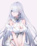  1girl azur_lane banchiyuebai bare_shoulders blue_eyes breasts chinese_commentary cleavage detached_collar dress emden_(azur_lane) flower flower_eyepatch large_breasts long_hair rose see-through see-through_dress sideways_glance simple_background solo upper_body v_arms very_long_hair white_background white_dress white_flower white_hair white_rose 