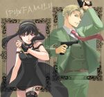  1boy 1girl bangs black_dress black_hair black_thighhighs blonde_hair breasts brown_background buttons dagger dress dual_wielding earrings fighting_stance flower formal framed gold_hairband green_eyes green_jacket green_pants green_suit gun hair_between_eyes hair_flower hair_ornament hair_over_one_eye hair_up handgun holding holding_gun holding_weapon jacket jewelry knife long_hair looking_at_viewer medium_breasts necktie pants parted_bangs red_eyes shirt short_hair sidelocks smile spy_x_family stiletto_(weapon) suit thighhighs tsuki_oto_sena twilight_(spy_x_family) upper_body waistcoat weapon white_shirt yor_briar 