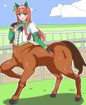  1girl animal_ears aqua_eyes bangs berkut_(mac_v_sog) black_gloves black_ribbon blue_sky blunt_bangs blush brown_hair centaur cloud commentary_request ear_covers flat_chest full_body gloves grass green_sleeves hairband highres hime_cut horse_ears horse_racing_track horse_tail layered_sleeves long_hair long_sleeves looking_at_viewer monster_girl monsterification multiple_legs parted_lips ribbon shadow shirt sidelocks silence_suzuka_(umamusume) sky smile solo standing standing_on_three_legs tail taur textless_version umamusume white_hairband white_shirt 