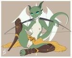  2021 amputee anthro blue_eyes bow_(weapon) breasts dez_(definitelyfloof) disability female front_view full-length_portrait genitals hi_res horn kobold missing_leg mostly_nude nipples non-mammal_breasts non-mammal_nipples pegleg portrait pussy ranged_weapon scalie sitting solo spread_legs spreading w4g4 weapon 