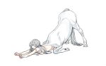  1girl blue_eyes centaur completely_nude full_body grey_hair hair_between_eyes highres hooves hu_you long_hair looking_at_viewer monster_girl no_mouth no_sclera nude original outstretched_arms solo taur top-down_bottom-up white_background white_fur 