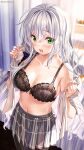  1girl bangs bare_shoulders bed black_bra blurry blurry_background blush bra breasts cleavage collarbone commentary_request copyright_request depth_of_field fujima_takuya green_eyes grey_hair grey_skirt hair_between_eyes indoors long_hair looking_at_viewer medium_breasts navel novel_illustration official_art open_clothes open_mouth open_shirt pantyhose pleated_skirt shirt short_sleeves skirt solo standing sunlight twitter_username underwear very_long_hair white_shirt window 