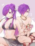  2girls abs alternate_costume bangs bikini black_bikini breasts choker cleavage closed_mouth dual_persona fire_emblem fire_emblem:_three_houses fire_emblem_warriors:_three_hopes food hair_bun hair_over_one_eye ice_cream large_breasts long_hair looking_at_viewer medium_hair midriff multiple_girls navel purple_eyes purple_hair sanoyo_fe shez_(fire_emblem) shez_(fire_emblem)_(female) shez_(fire_emblem)_(male) shorts simple_background single_hair_bun smile swimsuit thighs 