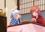  2girls animal_ears blurry depth_of_field food fruit half-closed_eyes head_rest highres hololive houshou_marine iva23_iva23 kettle kotatsu mandarin_orange multiple_girls open_mouth rabbit_ears rabbit_girl raised_eyebrows robe smile table thick_eyebrows tongue tongue_out under_kotatsu under_table usada_pekora virtual_youtuber 