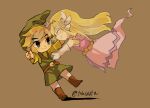  1boy 1girl artist_name back belt blonde_hair blue_eyes blush dress floating_hair gloves green_headwear jewelry link long_hair looking_at_viewer multicolored_hair necklace pink_dress princess_zelda the_legend_of_zelda the_legend_of_zelda:_spirit_tracks the_legend_of_zelda:_the_wind_waker tiara tokuura toon_link toon_zelda 