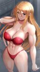  1girl abs absurdres bangs bare_shoulders bikini blonde_hair blue_eyes breasts cleavage commentary_request gonzarez highres large_breasts long_hair metroid mole mole_under_mouth muscular muscular_female navel samus_aran shiny shiny_hair shiny_skin simple_background solo stomach swimsuit 