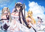  4girls :d :o ahoge animal_on_shoulder antlers azur_lane bangs bare_shoulders between_breasts bird black_dress black_hair black_panties black_sleeves black_thighhighs blonde_hair blue_eyes blue_flower blue_rose blue_sky blush breasts center_opening chain chick cleavage clothes_lift cloud collarbone commentary_request cowboy_shot day detached_sleeves dress dress_lift earrings elbow_gloves floating_hair flower formidable_(azur_lane) frilled_dress frills garter_straps gloves gold_chain green_eyes grey_hair hair_between_eyes hair_flower hair_on_horn hair_ornament hair_ribbon half_gloves hand_up hat hibi_(hibi_1516) highres illustrious_(azur_lane) indomitable_(azur_lane) jewelry lace-trimmed_headwear lace_trim large_breasts laurel_crown lens_flare long_hair looking_at_viewer looking_to_the_side low_neckline manjuu_(azur_lane) midriff multiple_girls navel necktie necktie_between_breasts ocean open_mouth panties parted_lips red_eyes ribbon rose sidelocks single_thighhigh sky sleeveless sleeveless_dress smile standing strapless strapless_dress sun_hat teeth thighhighs tress_ribbon tri_tails twintails two-tone_dress two-tone_ribbon underwear upper_teeth very_long_hair victorious_(azur_lane) white_dress white_footwear white_gloves white_hair white_headwear white_thighhighs wrist_ribbon 
