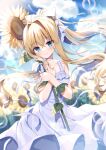  1girl air bangs bare_shoulders blonde_hair blue_bow blue_eyes blue_sky blurry blurry_background bow closed_mouth cloud collarbone commentary_request day depth_of_field dress field flower flower_field hair_between_eyes hair_bow hair_intakes highres kamio_misuzu long_hair mauve object_hug outdoors pleated_dress ponytail sky sleeveless sleeveless_dress smile solo sunflower very_long_hair white_dress yellow_flower 