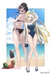  2girls absurdres artist_name ass ass_visible_through_thighs barefoot barefoot_sandals beach bikini black_bikini black_hair blonde_hair blue_sky blue_swimsuit bottle breasts cloud covered_navel dated day fingernails food forehead from_behind fruit full_body hammer highres holding holding_bottle holding_hammer kofune_ushio large_breasts long_hair looking_at_viewer medium_breasts minakata_hizuru multiple_girls nail_polish ocean one-piece_swimsuit open_mouth outdoors pink_eyes piyo_(pixiv_2308057) red_nails sand sandals simple_background sky smile soles standing summertime_render sunglasses swimsuit toes water_bottle watermelon white_background 