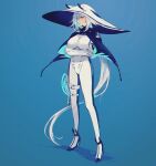  1girl blue_eyes bodysuit breasts cape crossed_arms elbow_gloves gloves hat high_heels highres long_hair mole mole_under_eye original smile solo tokiti very_long_hair white_gloves white_hair 