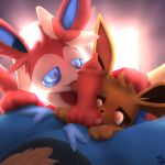  1:1 absurd_res ambiguous_gender animal_genitalia animal_penis blue_eyes bodily_fluids brown_body brown_fur canid canine canine_penis digital_media_(artwork) eevee eeveelution eparihser erection fellatio fur genitals group hi_res knot knot_lick licking lucario male male/ambiguous mammal nintendo nude open_mouth oral paws penile penis pok&eacute;mon pok&eacute;mon_(species) ribbons sex sylveon tongue tongue_out trio video_games 