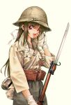  1girl absurdres arisaka bayonet black_hair black_pants bolt_action brown_shirt gloves gun helmet highres holding holding_gun holding_weapon imperial_japanese_army long_hair longmei_er_de_tuzi military military_helmet military_uniform one_eye_closed original pants red_eyes rifle shirt soldier type_38_rifle uniform upper_body weapon white_gloves world_war_ii 