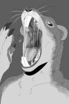  absurd_res anthro bodily_fluids chest_tuft duo front_view glistening glistening_eyes glistening_nose glistening_tongue greyscale half-closed_eyes hi_res human imminent_oral_vore imminent_vore imperatorcaesar male mammal monochrome mouth_shot narrowed_eyes neck_tuft open_mouth saliva saliva_on_tongue saliva_string simple_background teeth tongue tuft 
