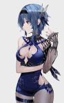  1girl alternate_costume aqua_hair arm_under_breasts asymmetrical_sleeves bangs beads belt black_hairband blue_belt blue_dress blue_gemstone breasts cleavage cleavage_cutout closed_mouth clothing_cutout cowboy_shot cross-laced_clothes dress eula_(genshin_impact) feather_hair_ornament feathers gem genshin_impact grey_hair hair_ornament hairband hand_up highres hip_vent large_breasts looking_to_the_side medium_breasts mismatched_sleeves raiya_atelier see-through see-through_sleeves short_hair sidelocks simple_background single_sleeve sleeves_past_wrists solo swept_bangs thigh_strap turtleneck yellow_eyes 