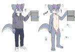  anthro belly bodily_fluids cursor disappearing_clothing dragon flaccid genitals grey_body hi_res horn imminent_transformation kemono male navel nude penis sa_no solo surprise sweat sweatdrop sweatshirt white_belly 