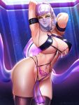  1girl alternate_costume armpits badcompzero breasts curvy earrings evelynn_(league_of_legends) highres huge_breasts jewelry league_of_legends pubic_tattoo solo tattoo the_baddest_evelynn thick_thighs thighhighs thighs veil wide_hips 