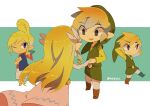  2girls artist_name back belt blonde_hair blue_eyes blush dress floating_hair gloves green_headwear jewelry link long_hair looking_at_viewer multicolored_hair multiple_girls necklace pink_dress pointy_ears princess_zelda tetra the_legend_of_zelda the_legend_of_zelda:_the_wind_waker tiara tokuura 