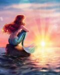  1girl ariel_(disney) fins from_behind highres long_hair lukaswerneck mermaid monster_girl ocean red_hair scales shell shell_bikini sitting_on_rock sky solo sunlight sunset tail the_little_mermaid 