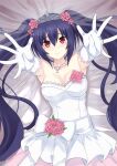  1girl bare_shoulders black_hair blue_flower blue_rose blush breasts bride cleavage dress elbow_gloves flower from_above gloves hair_between_eyes hair_flower hair_ornament highres jewelry looking_at_viewer lying medium_breasts necklace neptune_(series) noire_(neptune_series) on_back open_mouth paid_reward_available red_eyes ring rose solo thighhighs tiara twintails underwear wedding_dress wedding_ring white_gloves zatsu 